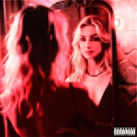 a woman in a red dress is standing in front of a mirror